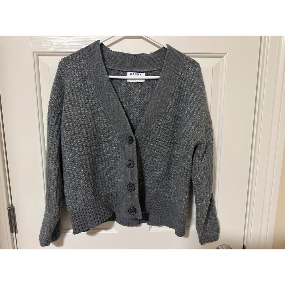 Old Navy Cardigan Women XS Grey Button Front Waffle Knit Wool Blend Sweater